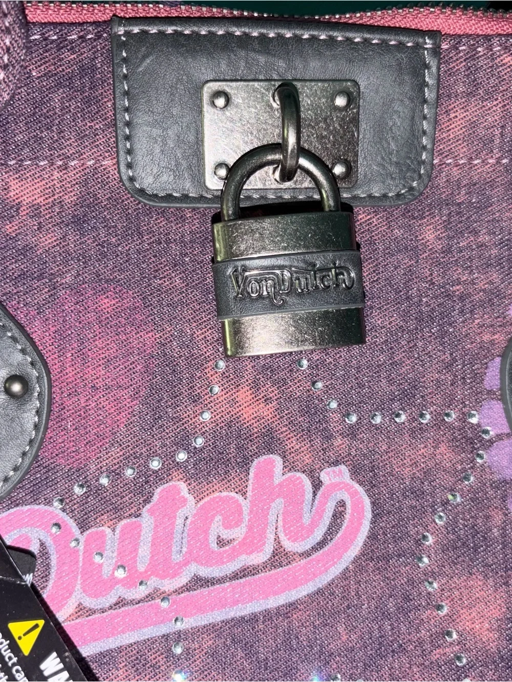 Von Dutch Bree Purple Pink Handbag with Lock, Twilly, and Pins NWT